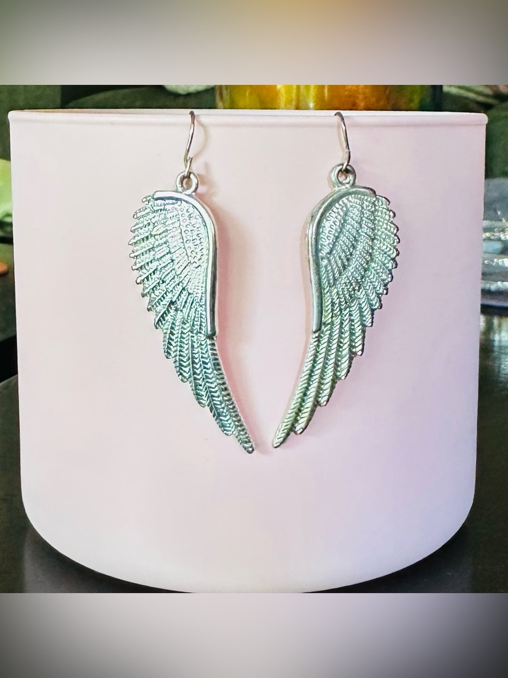 Silver Tone Angel Wing Feather Dangle Earrings